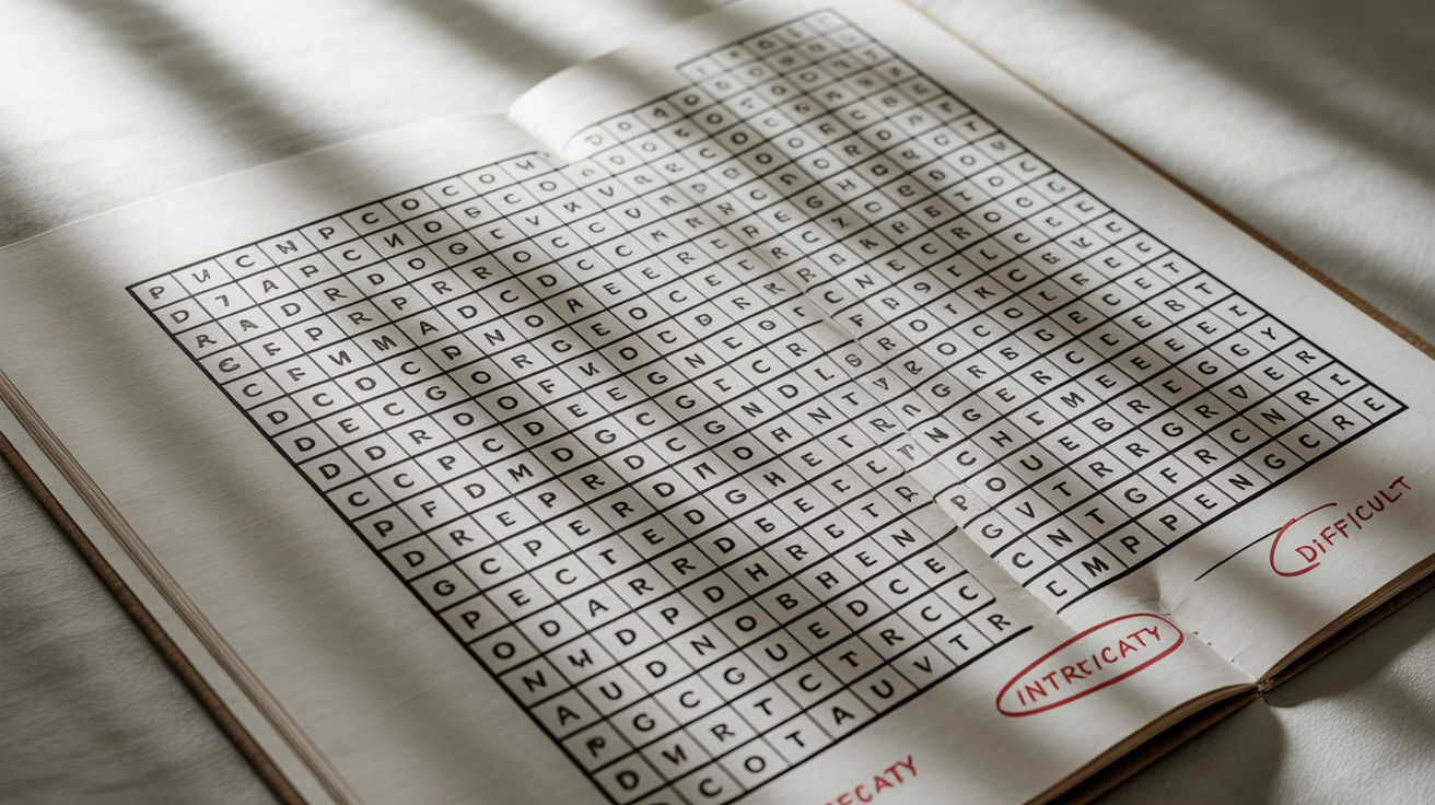 A close-up of a challenging word search puzzle on a white background, with the words 'complexity', 'intricate', and 'difficult' circled in red.