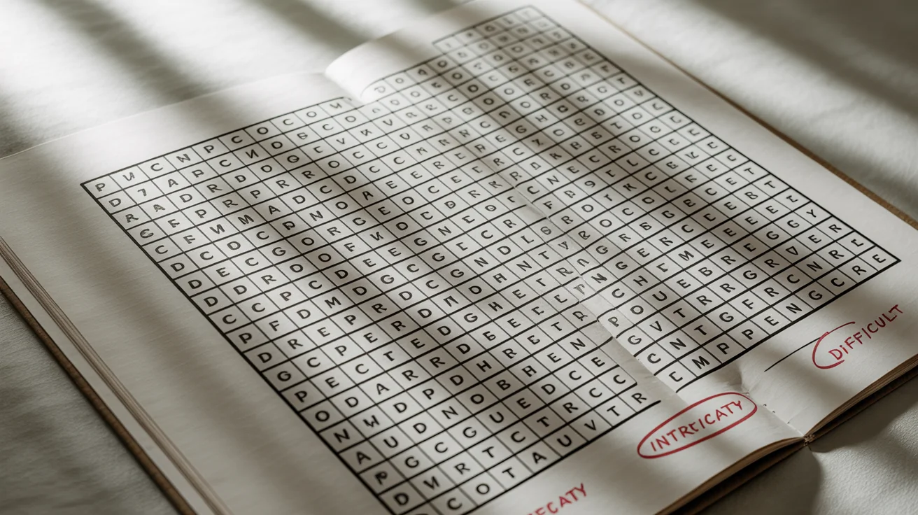 A close-up of a challenging word search puzzle on a white background, with the words 'complexity', 'intricate', and 'difficult' circled in red.