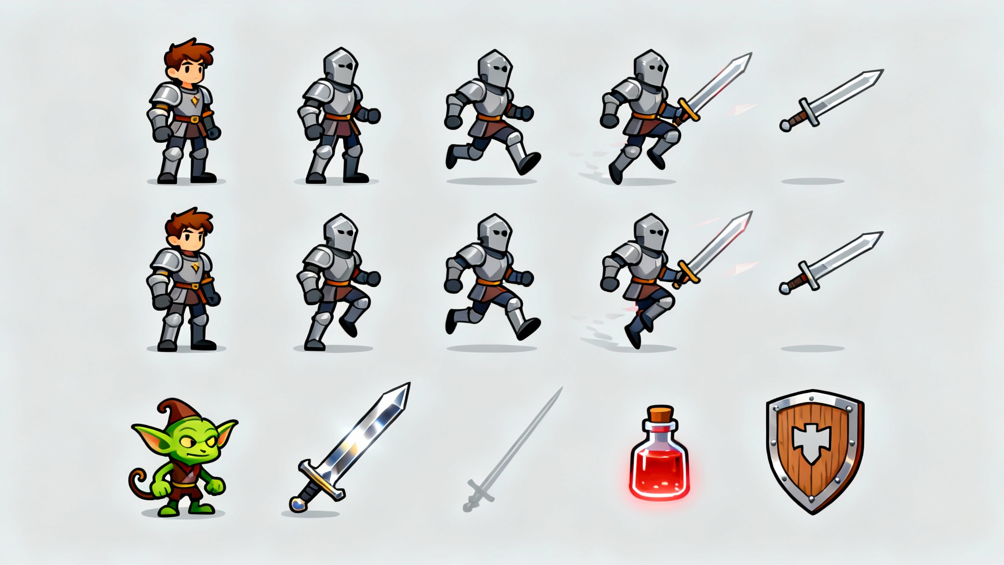 A professionally designed sprite sheet for a 2D video game, showing a knight character in various action poses, a goblin enemy, and game items like a sword and potion, all in a clean, modern art style.