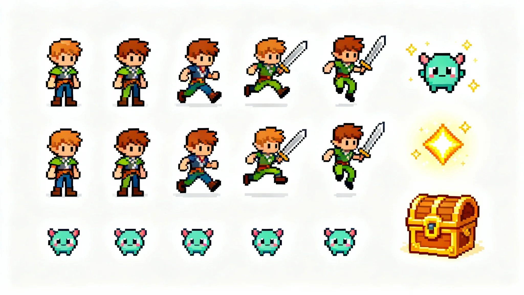 A professionally displayed pixel art sprite sheet featuring a fantasy adventurer in various animation poses, along with a monster, treasure chest, and power-up icon, all set against a clean white background.