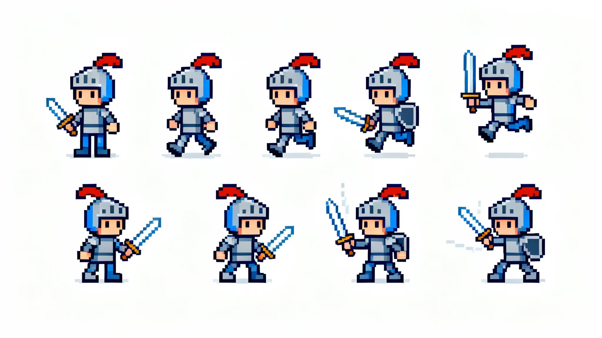 A pixel art sprite sheet of a small knight character in various animation poses, including standing, walking, jumping, and attacking, all set against a plain white background.