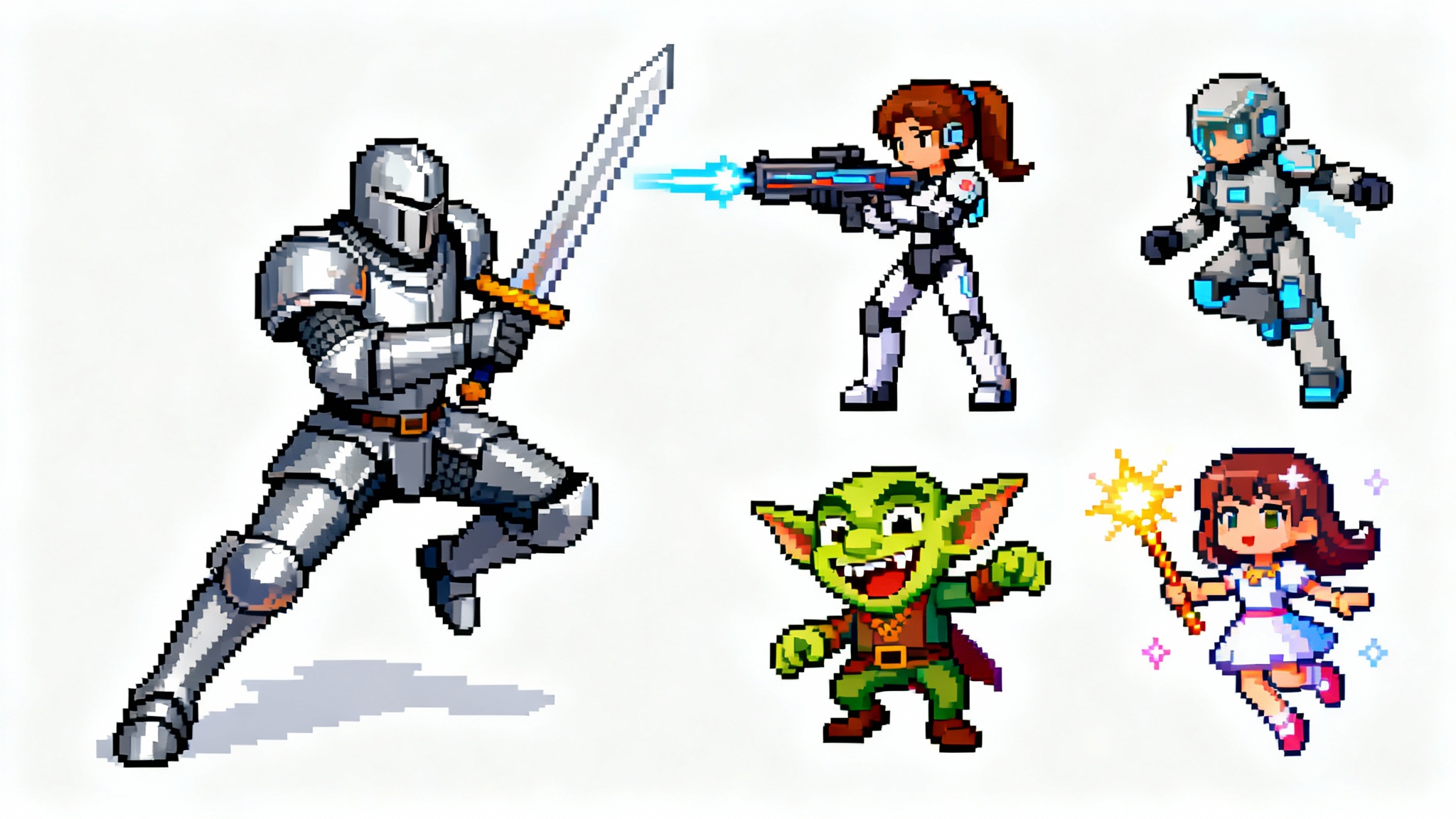 A collection of colorful pixel art video game character sprites, including a knight, a soldier, and a goblin, displayed on a white background.