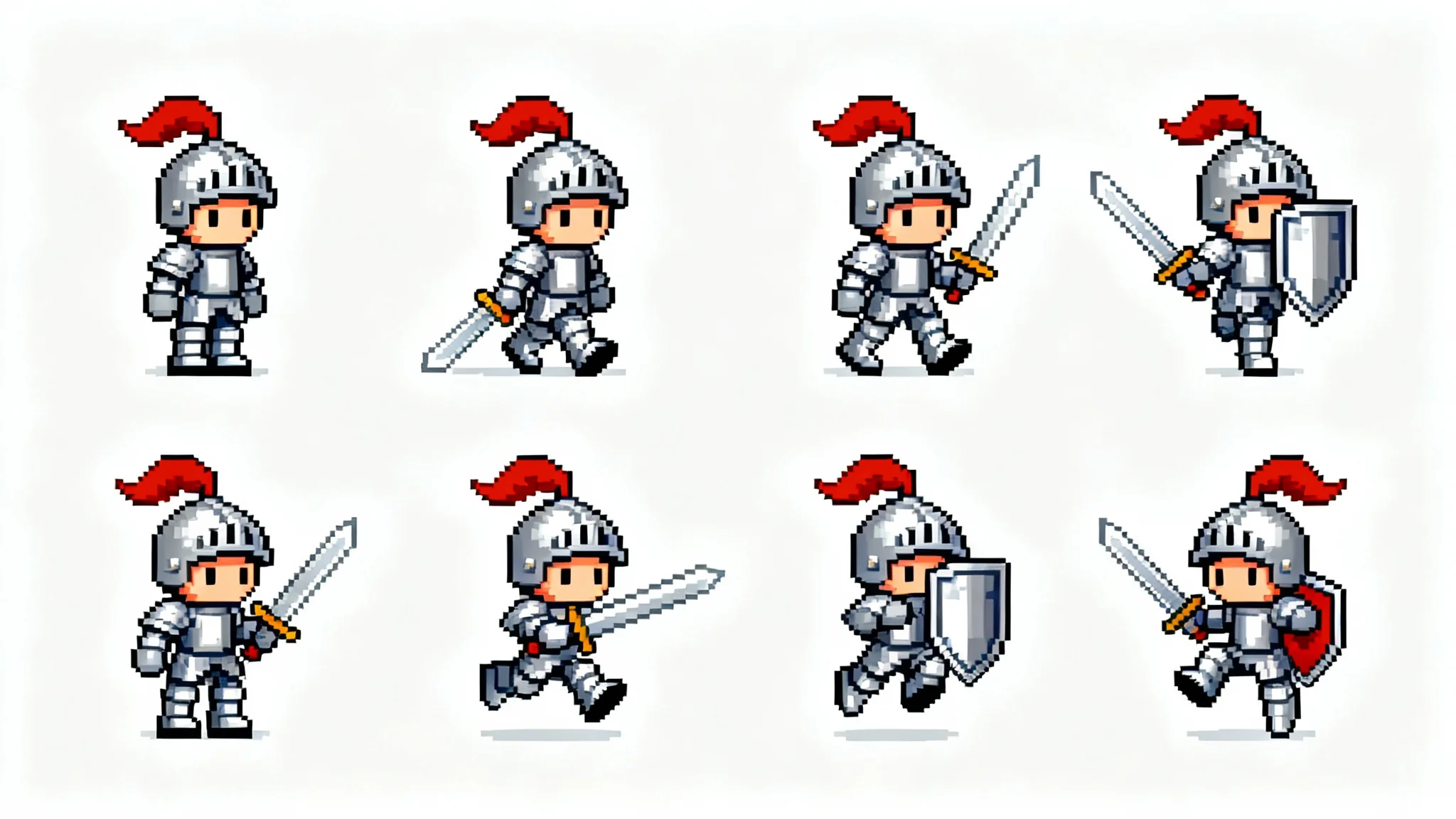 A 16-bit pixel art sprite sheet of a small knight character, showing various animation frames for a video game, isolated on a white background.