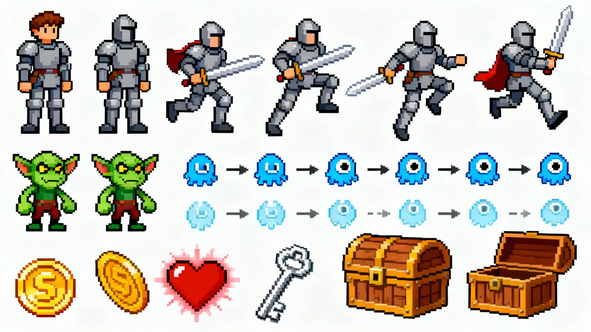 A pixel art sprite sheet featuring a 16-bit fantasy knight, various monsters like a goblin and a slime, and game items such as a coin, heart, and treasure chest, all arranged in a grid on a white background.