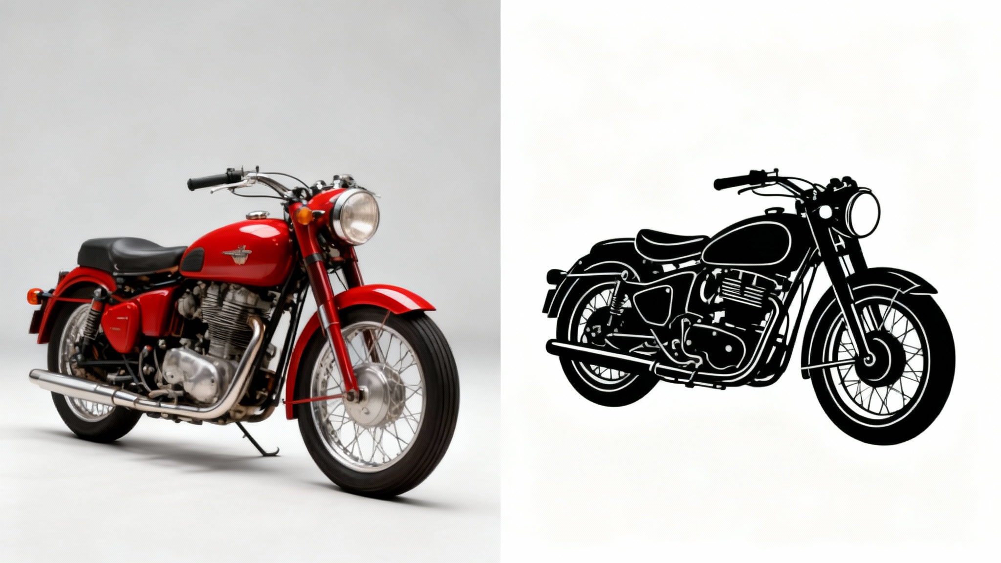 A split-screen image showing an image-to-outline tool's result. The left side shows a realistic photo of a red motorcycle; the right side shows a clean black outline of the same motorcycle on a white background.