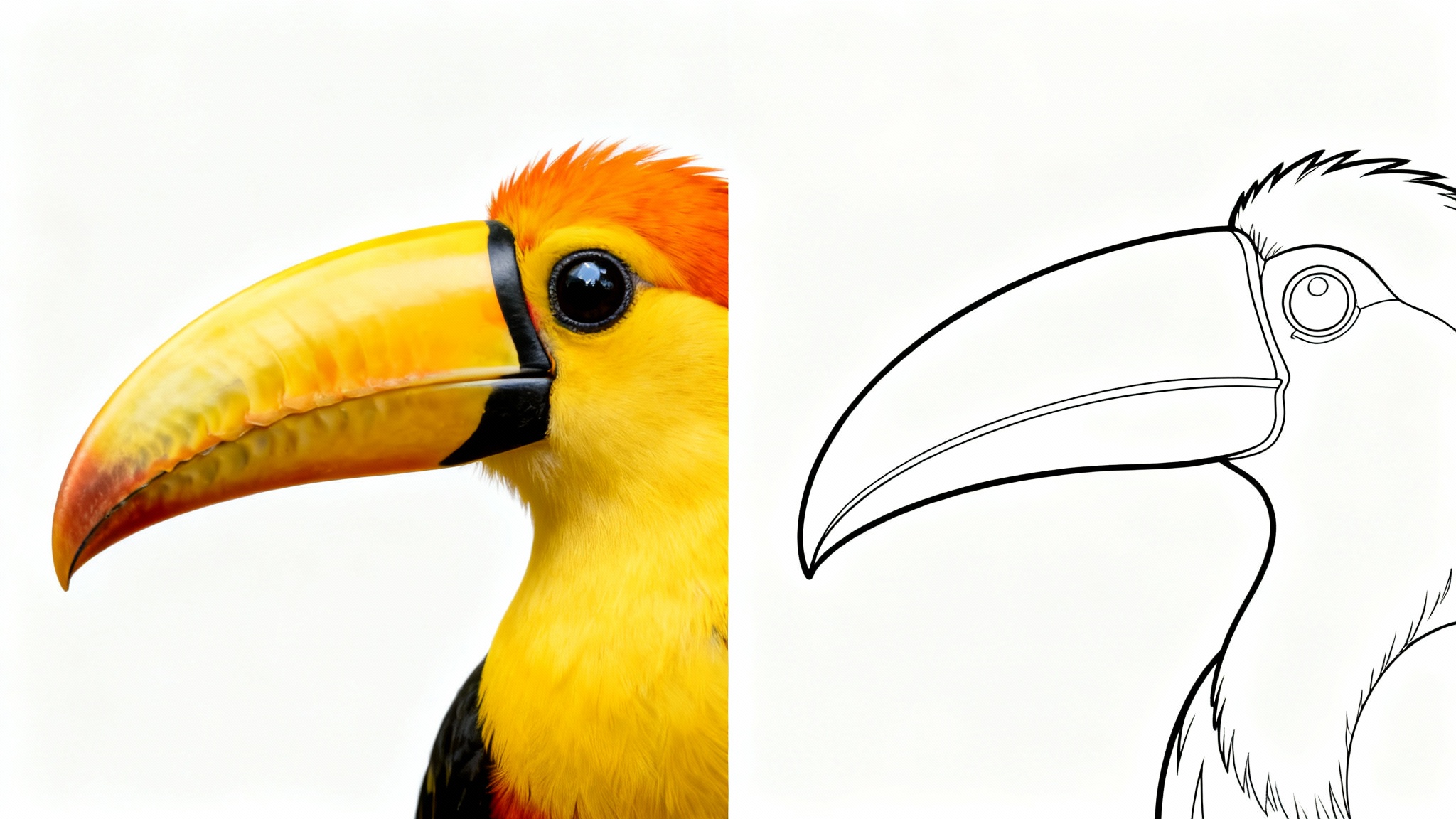 A conceptual image split vertically, showing a conversion from photo to outline. The left side is a realistic, colorful photograph of a toucan, and the right side is a clean black line drawing of the same toucan.