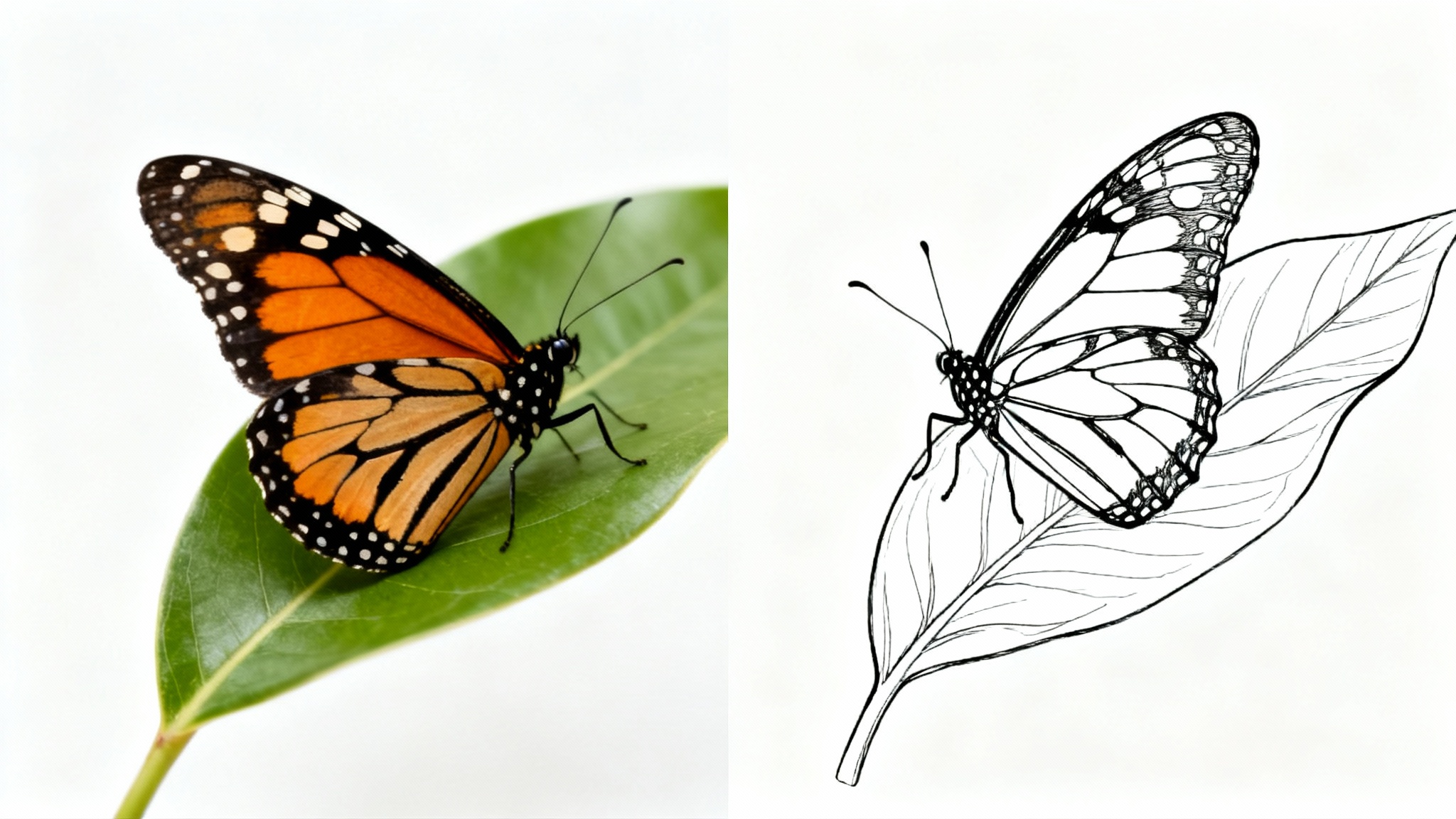 An image split diagonally, showing a full-color, realistic monarch butterfly on a leaf on one side, and its corresponding black and white outline drawing on the other side, against a plain white background.