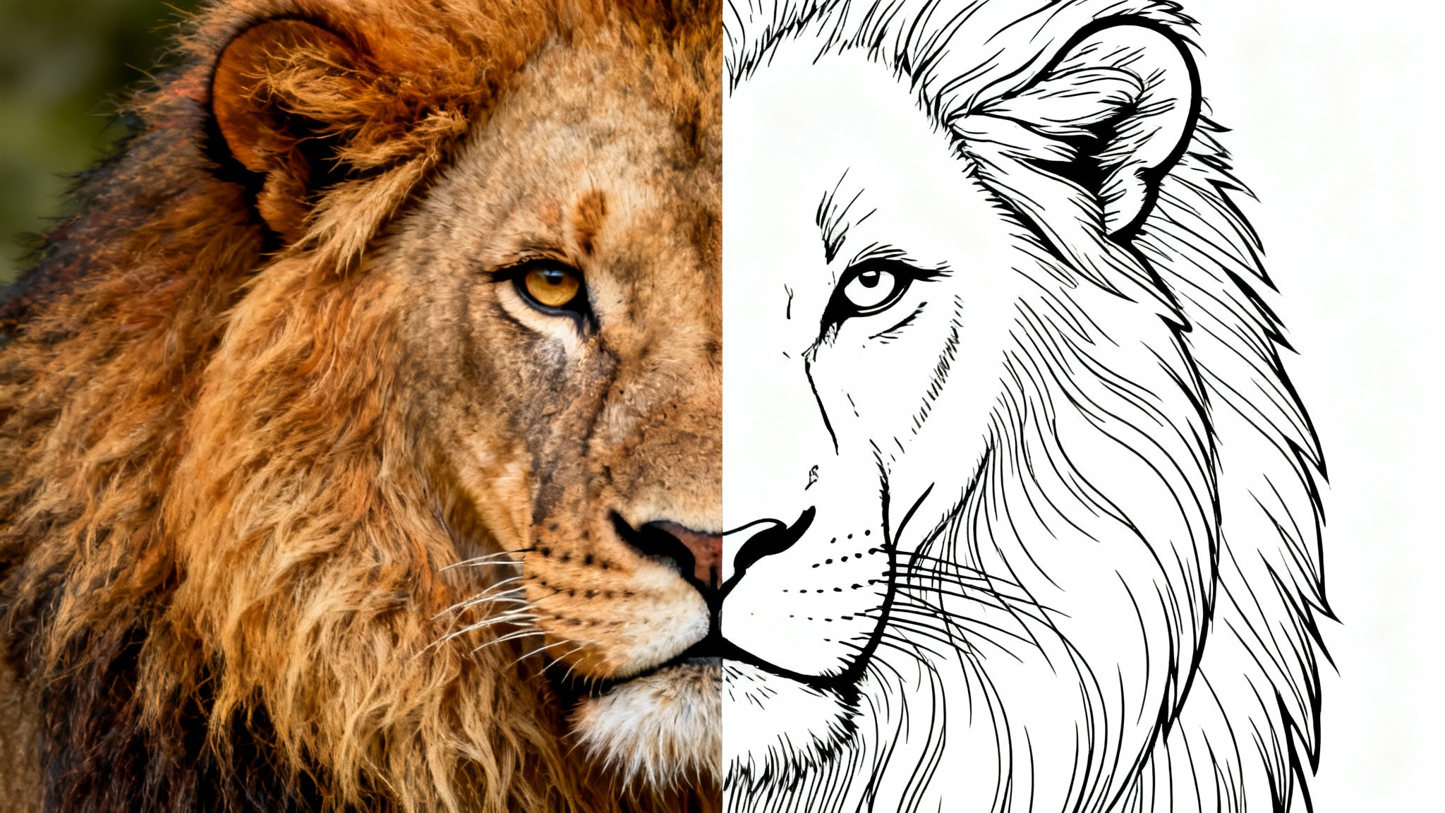 A lion's face split down the middle, with the left side being a full-color photograph and the right side being a black and white line art outline, demonstrating the image-to-outline conversion process.