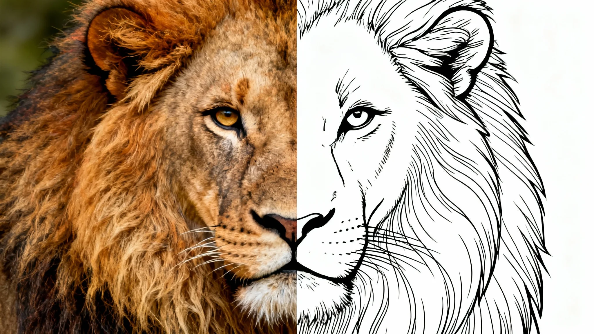 A lion's face split down the middle, with the left side being a full-color photograph and the right side being a black and white line art outline, demonstrating the image-to-outline conversion process.