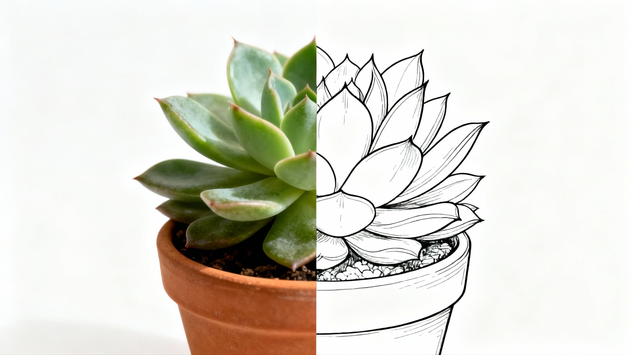 A succulent in a pot, split down the middle. The left half is a full-color photo, and the right half is a simple black-and-white outline of the same succulent, showing an image-to-outline effect.