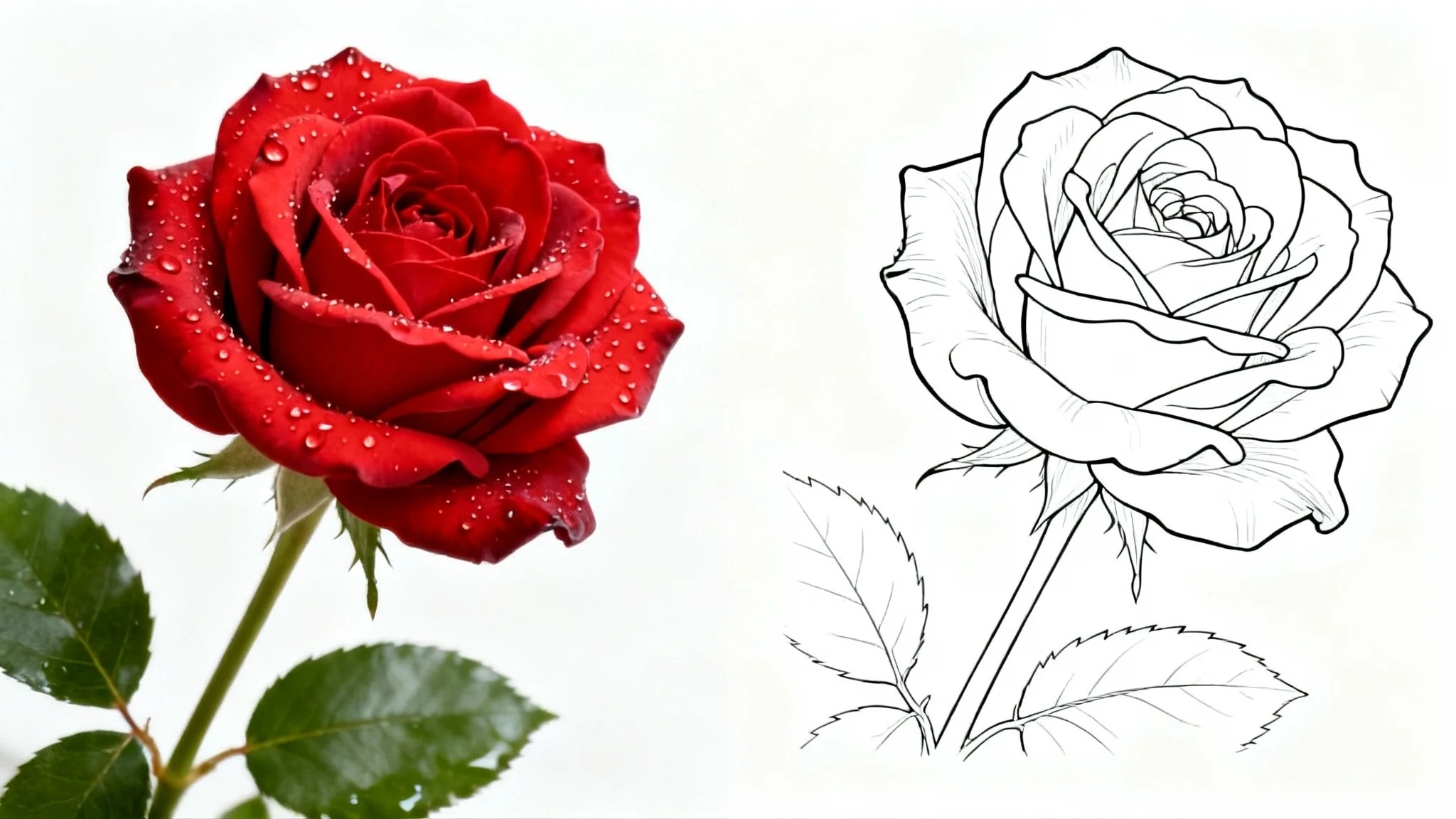 A split image showing a red rose being transformed. The left side is a full-color photograph of the rose, and the right side is a black-and-white outline drawing of the same rose, against a plain white background.