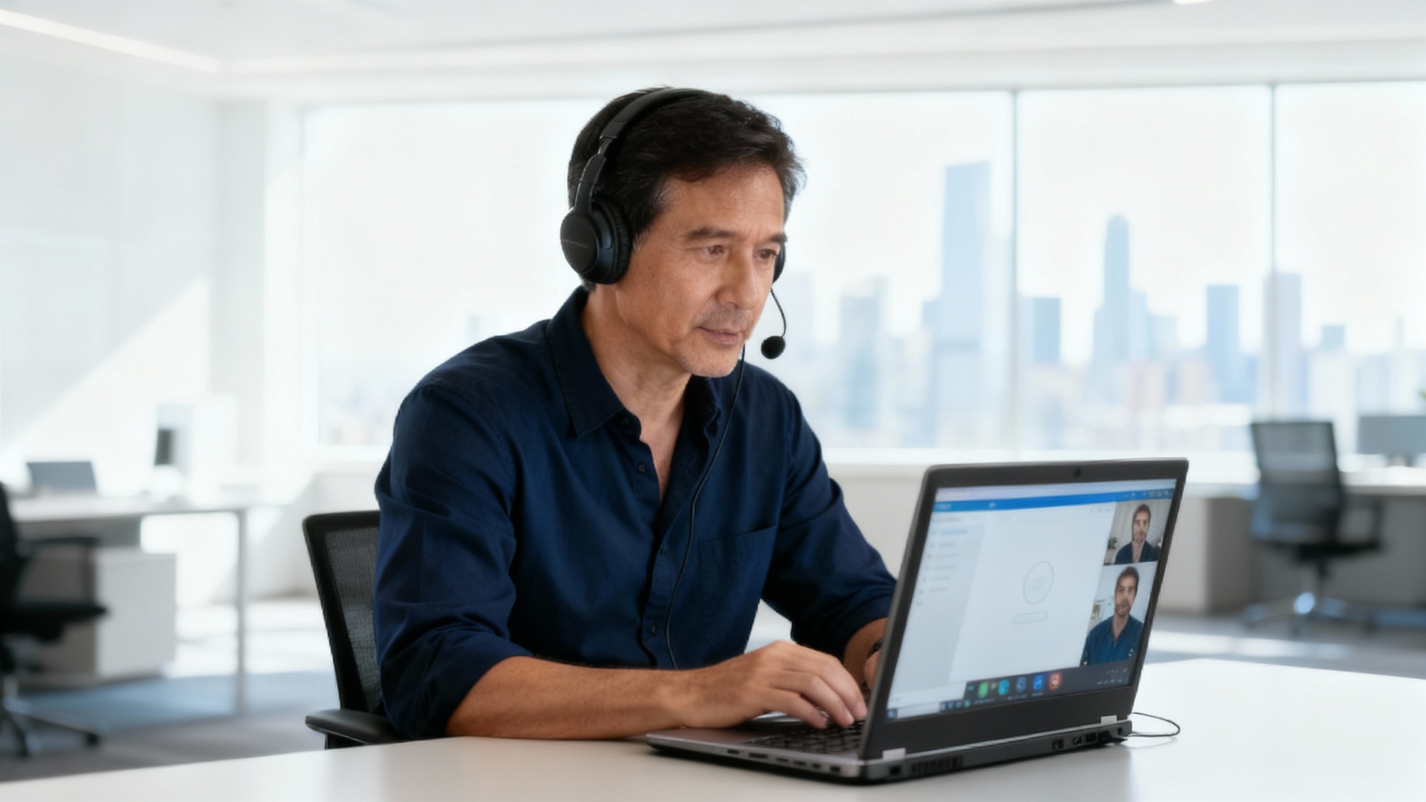 A man on a video call using a professional virtual background of a modern corporate office, demonstrating the result of a webcam background tool.