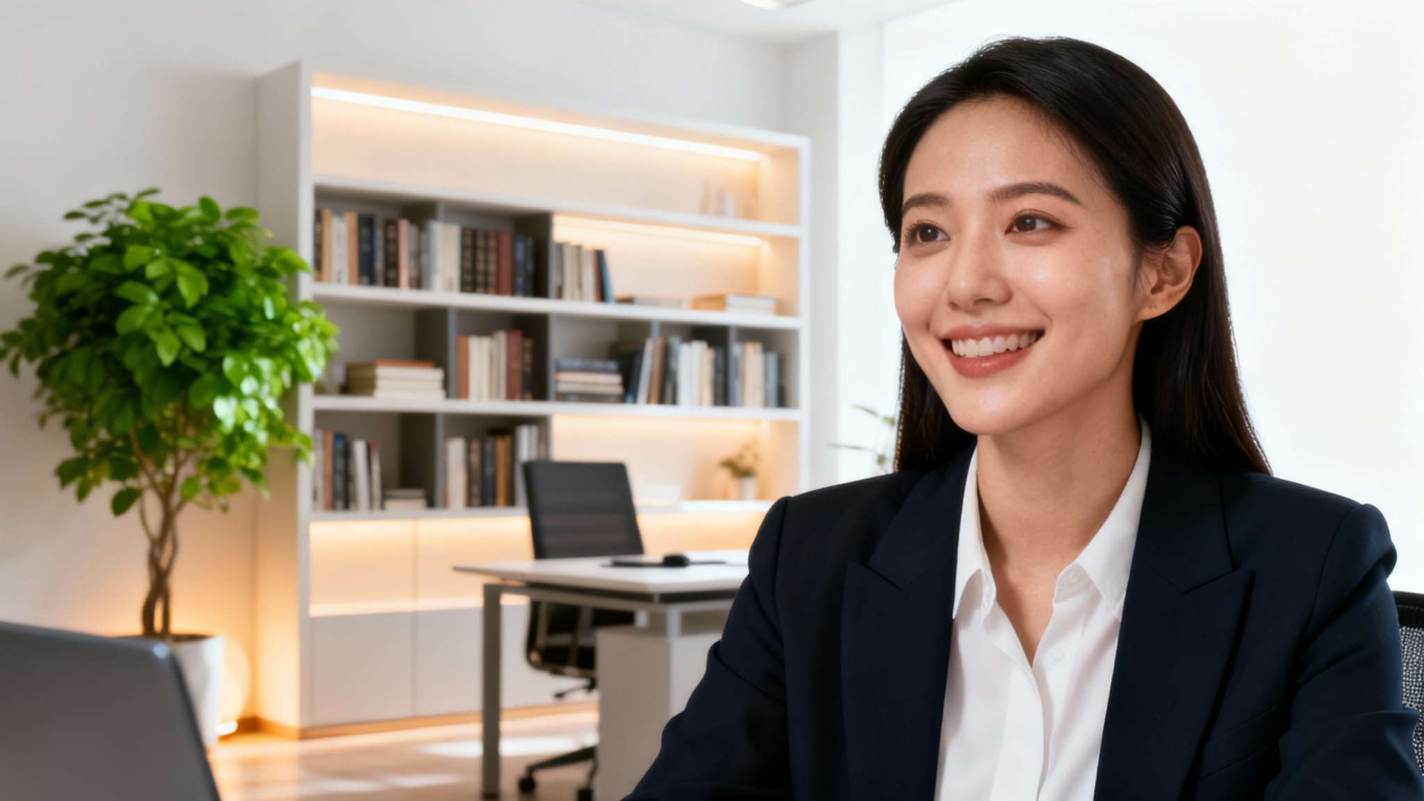 A professional woman on a video call using a high-quality virtual webcam background depicting a modern and stylish home office. The image is on a clean white background.
