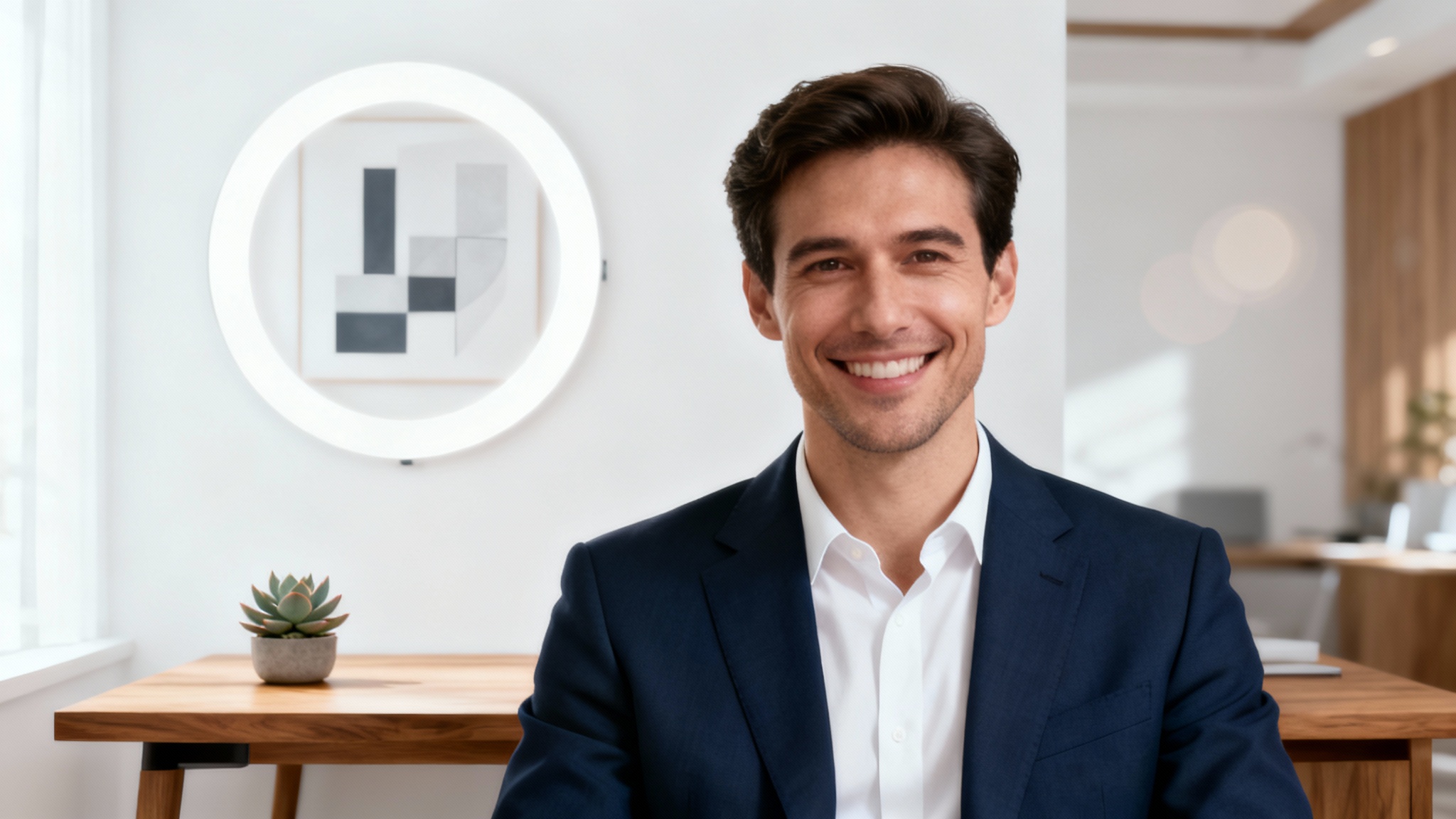 A man smiling during a professional video call, showcasing a clean and modern virtual home office background with abstract art and a plant.