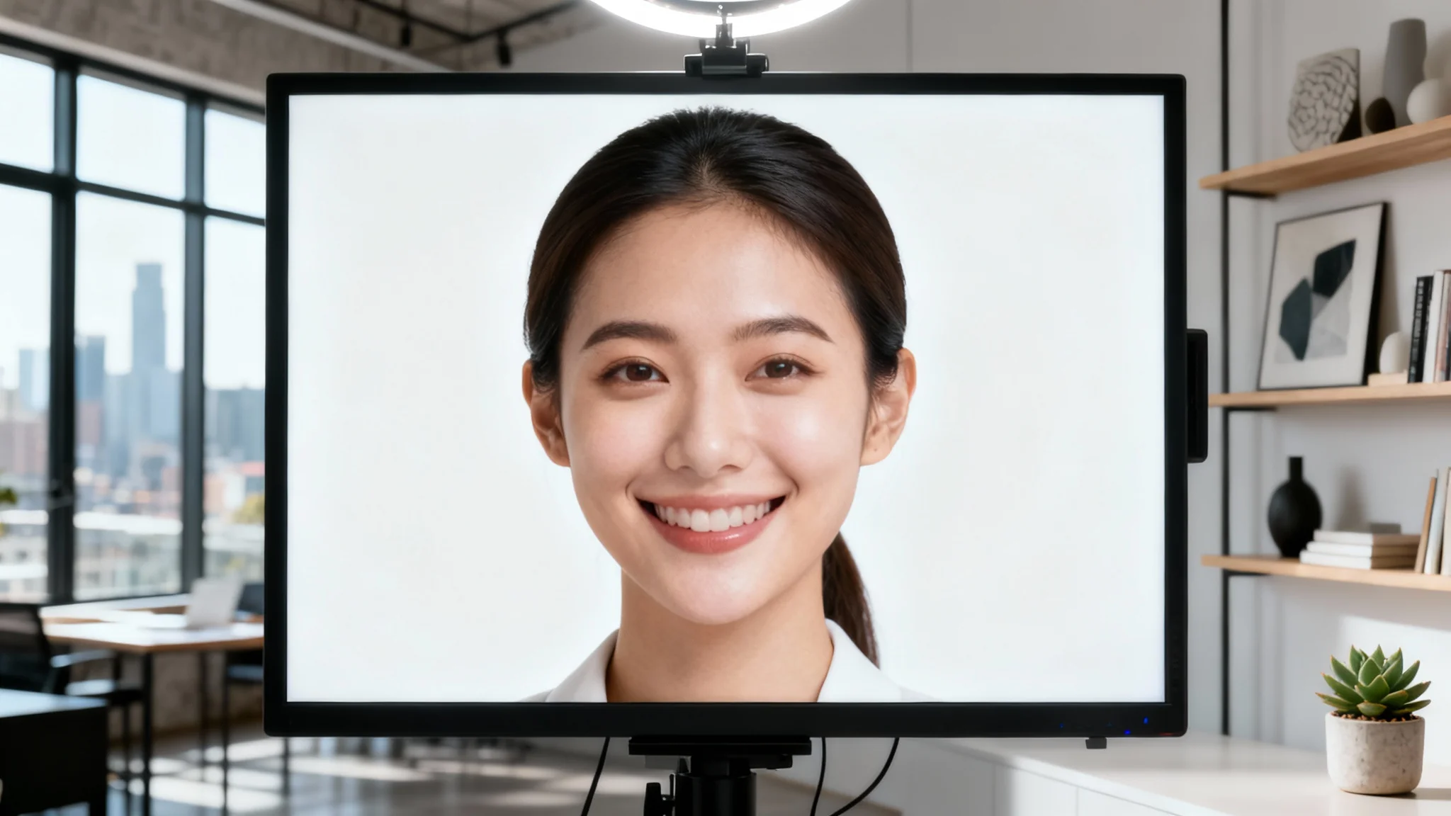 A professional woman smiling during a video call, showcasing a virtual background of a modern loft office. The image is a mockup set against a plain white background.