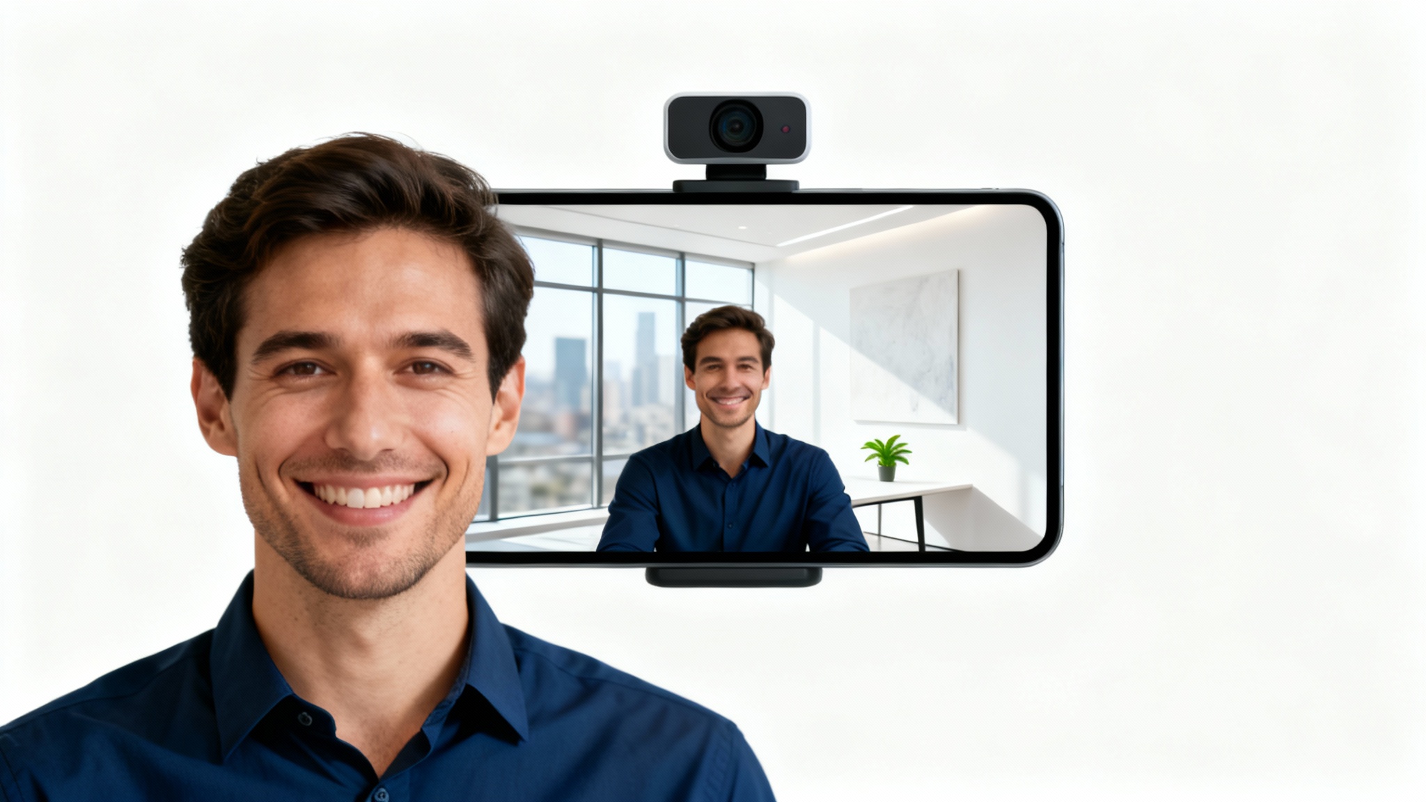 A professional man smiling during a video call, showcasing a sleek and modern virtual office webcam background. The entire image is a mockup on a white background.
