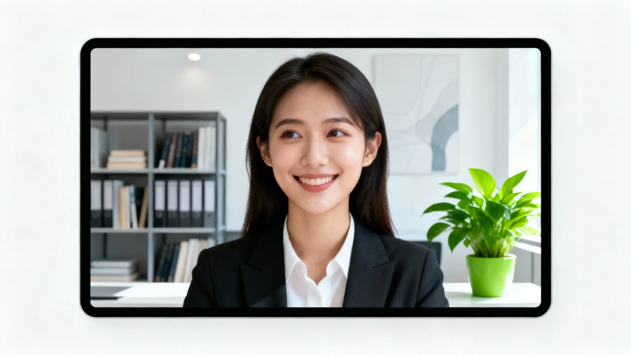 A professional woman participating in a video call, demonstrating the use of a clean and stylish virtual office webcam background.