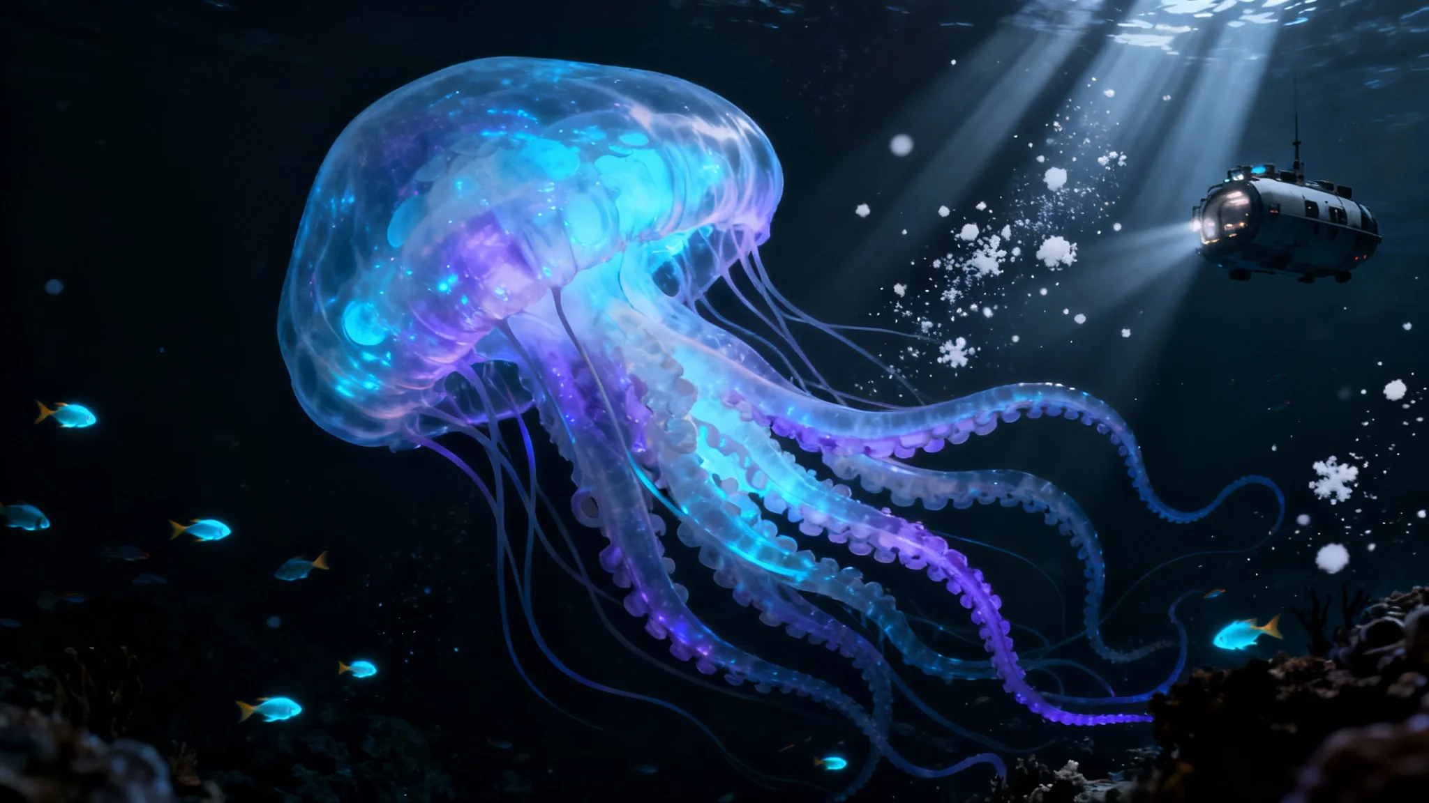 A photorealistic digital rendering of the deep sea abyss, showing a giant bioluminescent creature glowing with soft blue light amidst the darkness, with light rays illuminating the water.