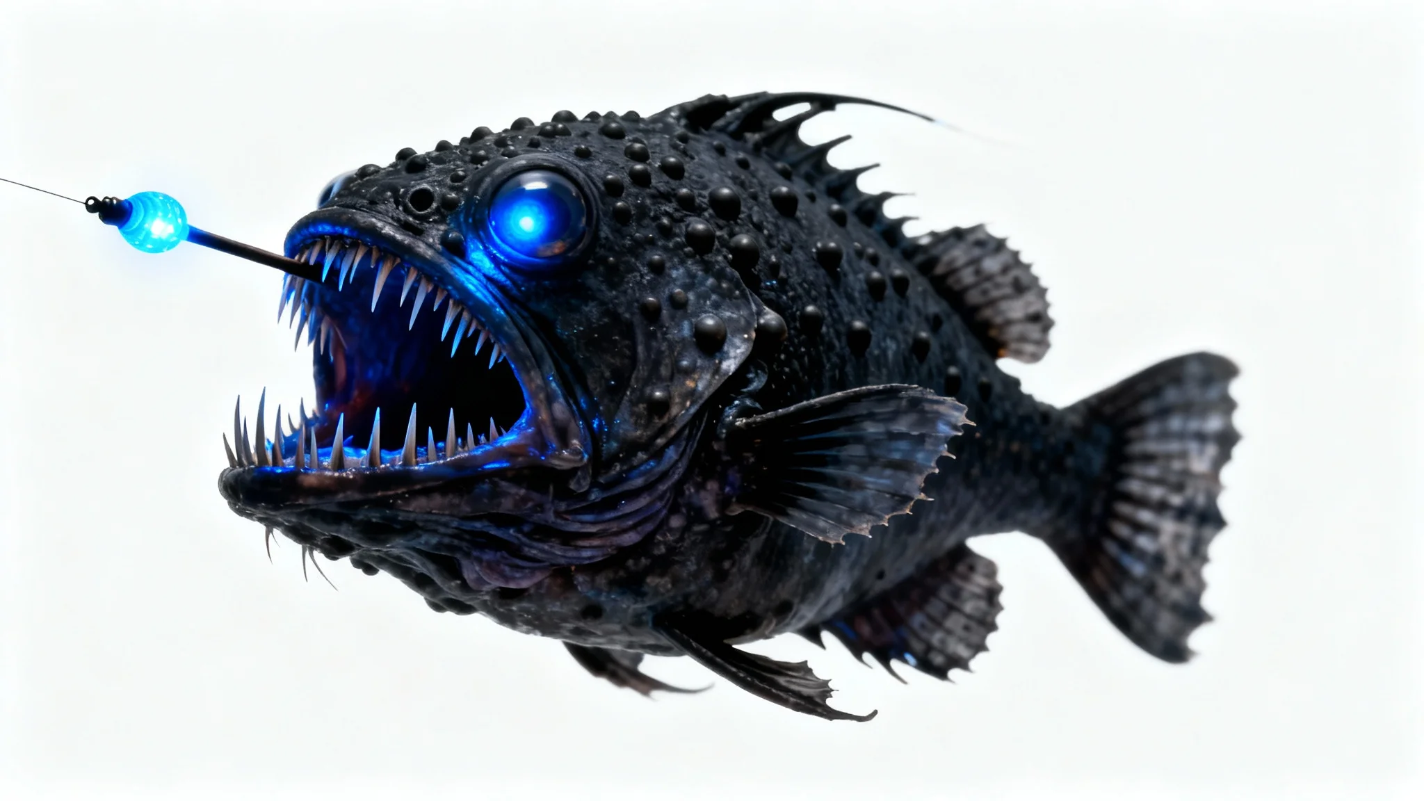 A hyper-realistic studio photograph of a dark, deep-sea anglerfish with a glowing blue lure, suspended against a plain white background.