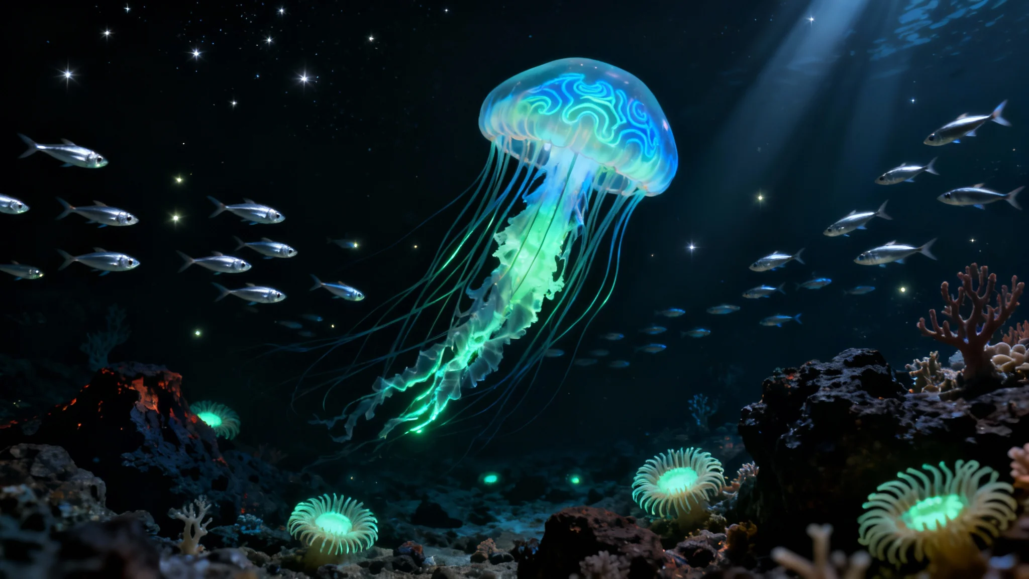 A majestic, giant bioluminescent jellyfish floats in the dark depths of the ocean, surrounded by smaller glowing fish and sea life on the ocean floor.