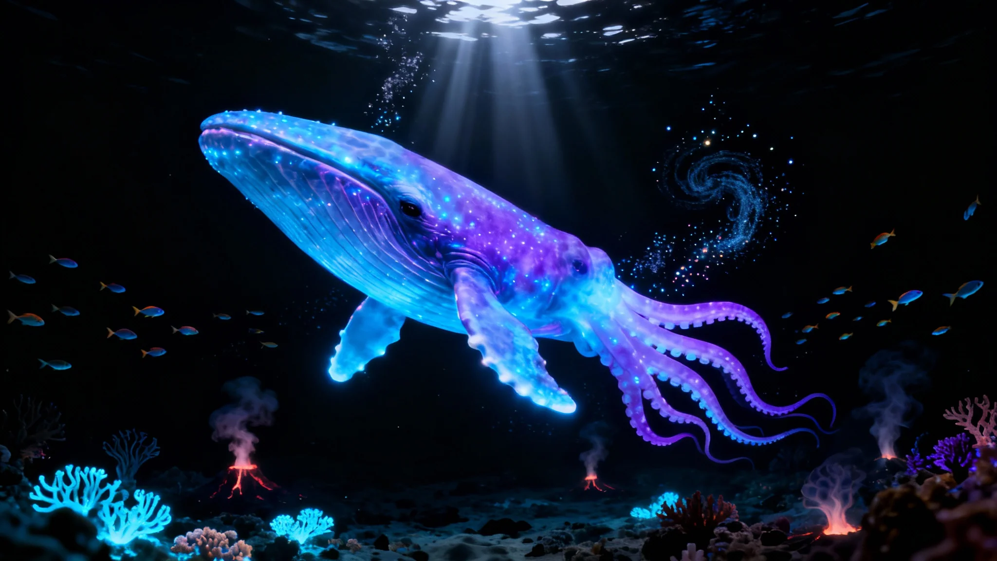 A photorealistic mockup of the deep sea, showing a giant bioluminescent creature glowing in the dark water against a clean white background.