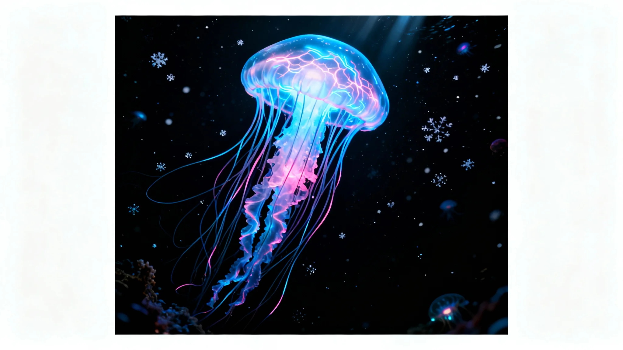 A giant, bioluminescent jellyfish glowing with vibrant blue and pink light as it floats in the dark, deep ocean, surrounded by sparkling particles.