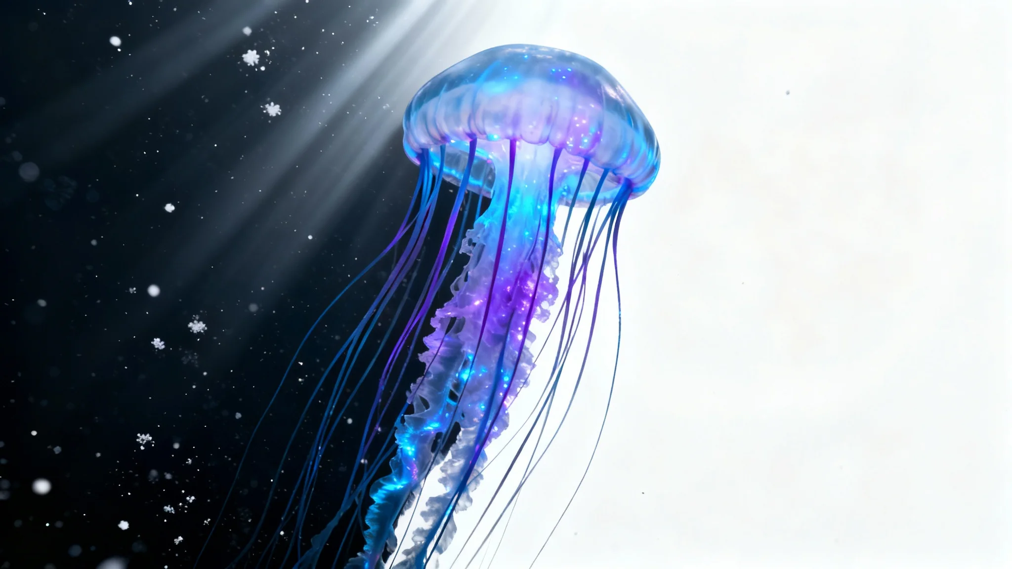 A stunning high-concept image of a giant bioluminescent jellyfish glowing with blue and purple light, suspended in a pocket of deep-sea darkness against a stark white background.