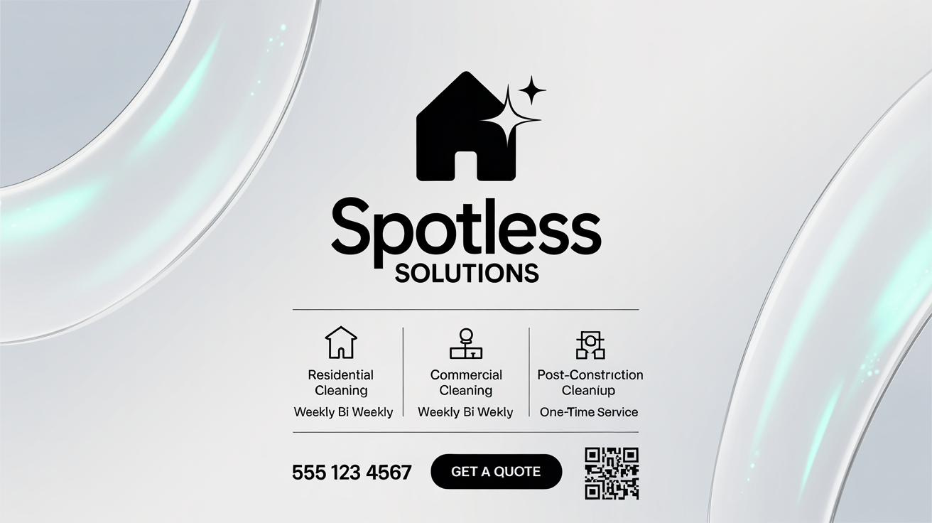A professionally designed hero image advertisement for 'Spotless Solutions', a cleaning company. The ad features a clean white and light blue design, a logo of a sparkling house, a list of services and frequencies, a phone number, and a QR code to get a quote.
