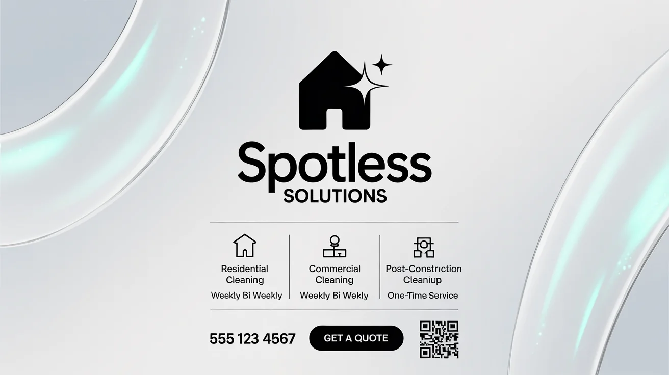 A professionally designed hero image advertisement for 'Spotless Solutions', a cleaning company. The ad features a clean white and light blue design, a logo of a sparkling house, a list of services and frequencies, a phone number, and a QR code to get a quote.