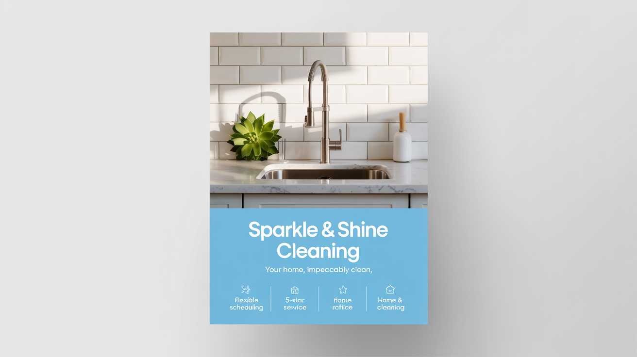 A professional flyer for 'Sparkle & Shine Cleaning' service. The top shows a picture of a pristine, sunlit kitchen, and the bottom section lists benefits like flexible scheduling and 5-star service.
