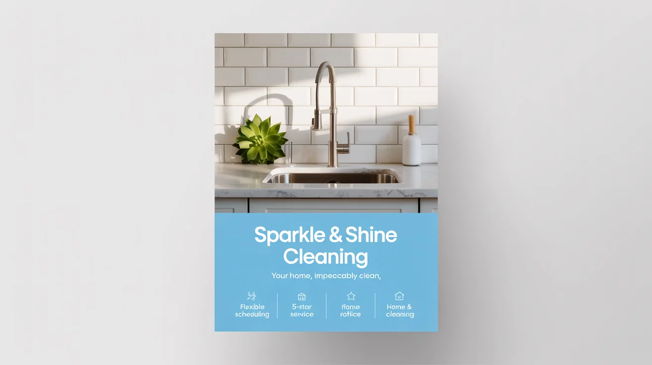 A professional flyer for 'Sparkle & Shine Cleaning' service. The top shows a picture of a pristine, sunlit kitchen, and the bottom section lists benefits like flexible scheduling and 5-star service.