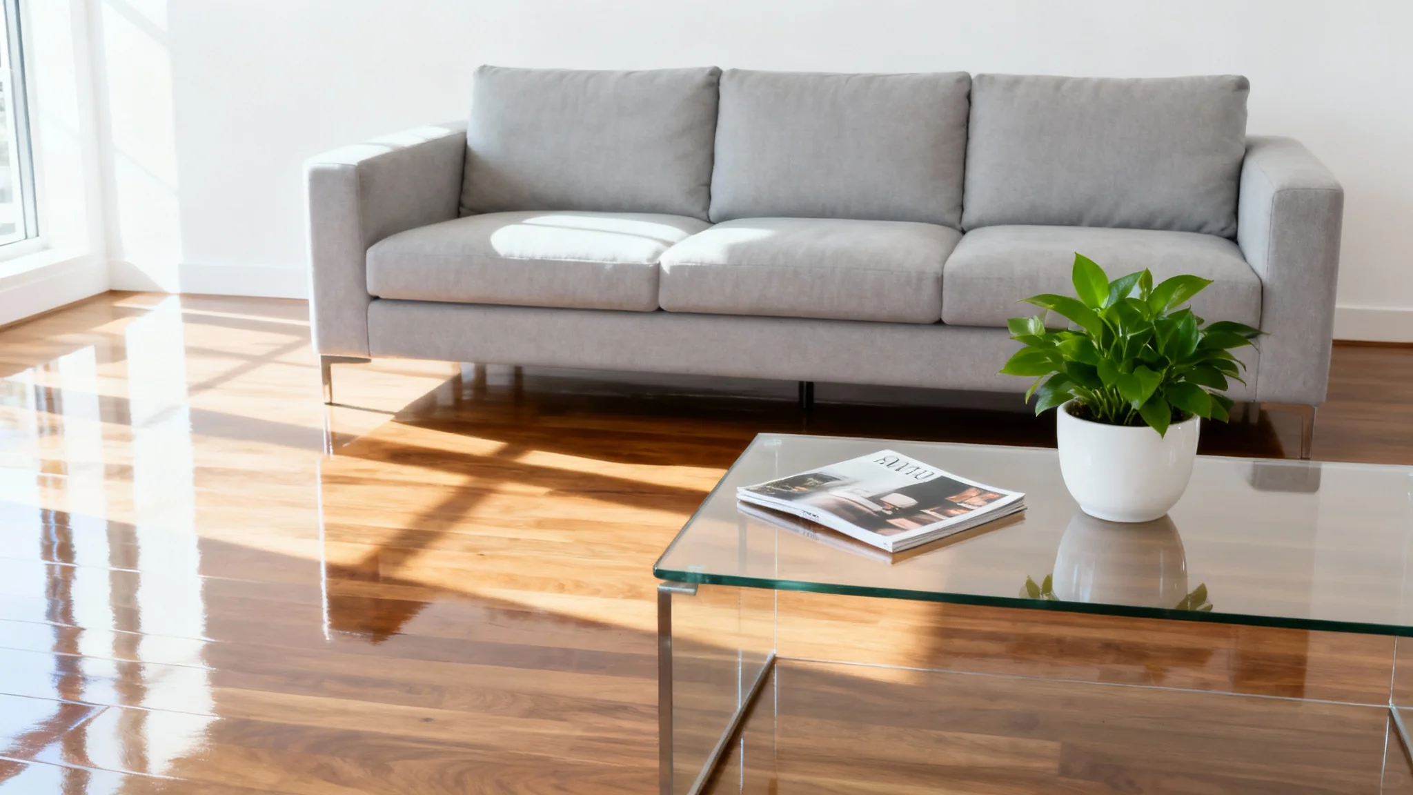 A photorealistic image of an impeccably clean and modern living room vignette against a plain white background, symbolizing the result of a professional cleaning service.