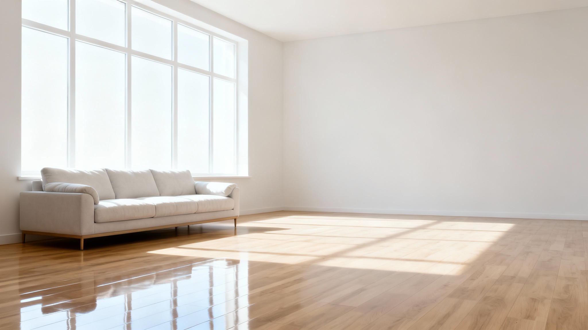 An impeccably clean and bright modern living room, with sunlight streaming through a window and gleaming off the polished floors, illustrating the pristine result of a professional cleaning service.