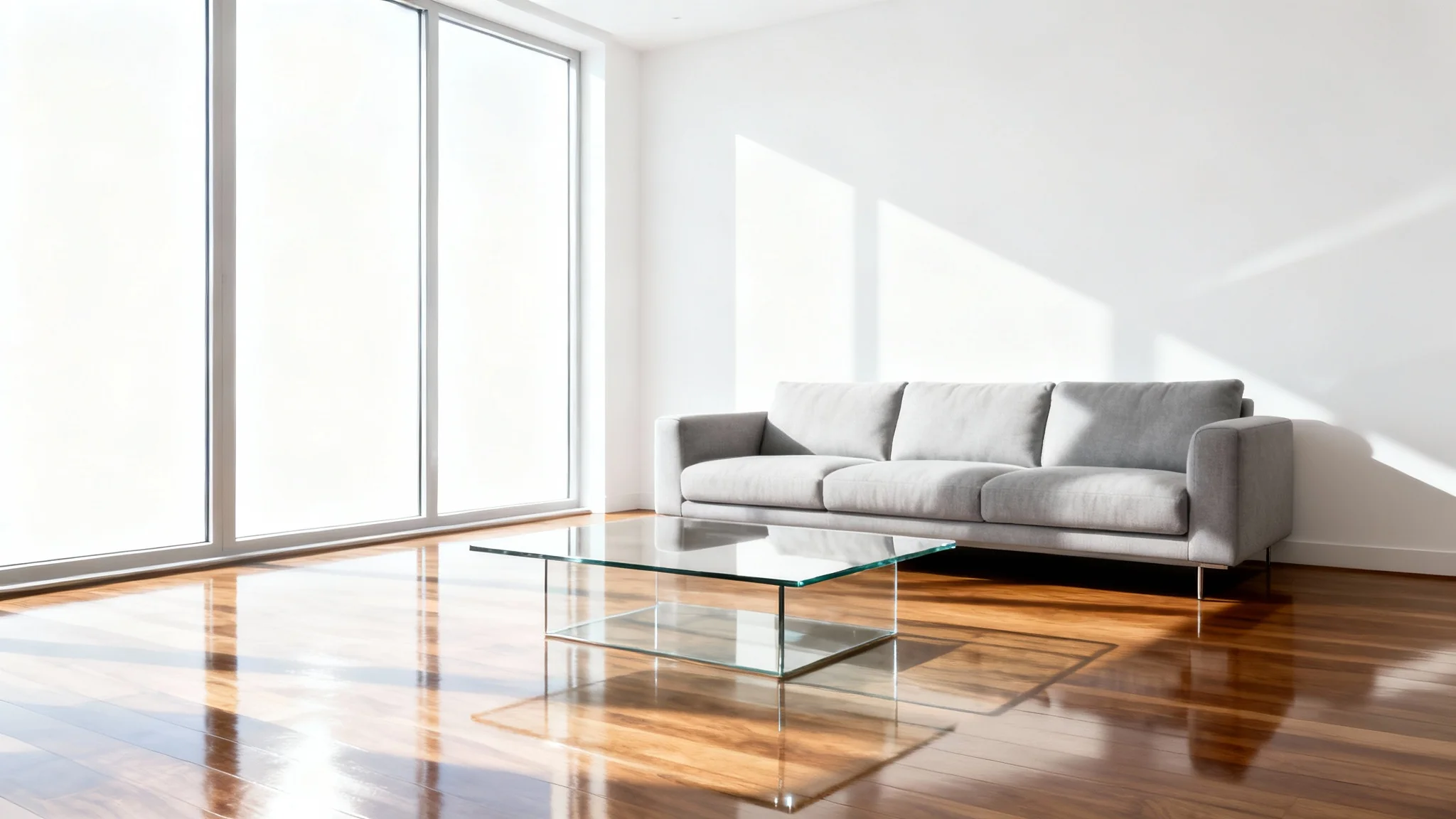 A sun-drenched, impeccably clean modern living room with gleaming hardwood floors and spotless furniture, representing the high standard of a professional cleaning service.