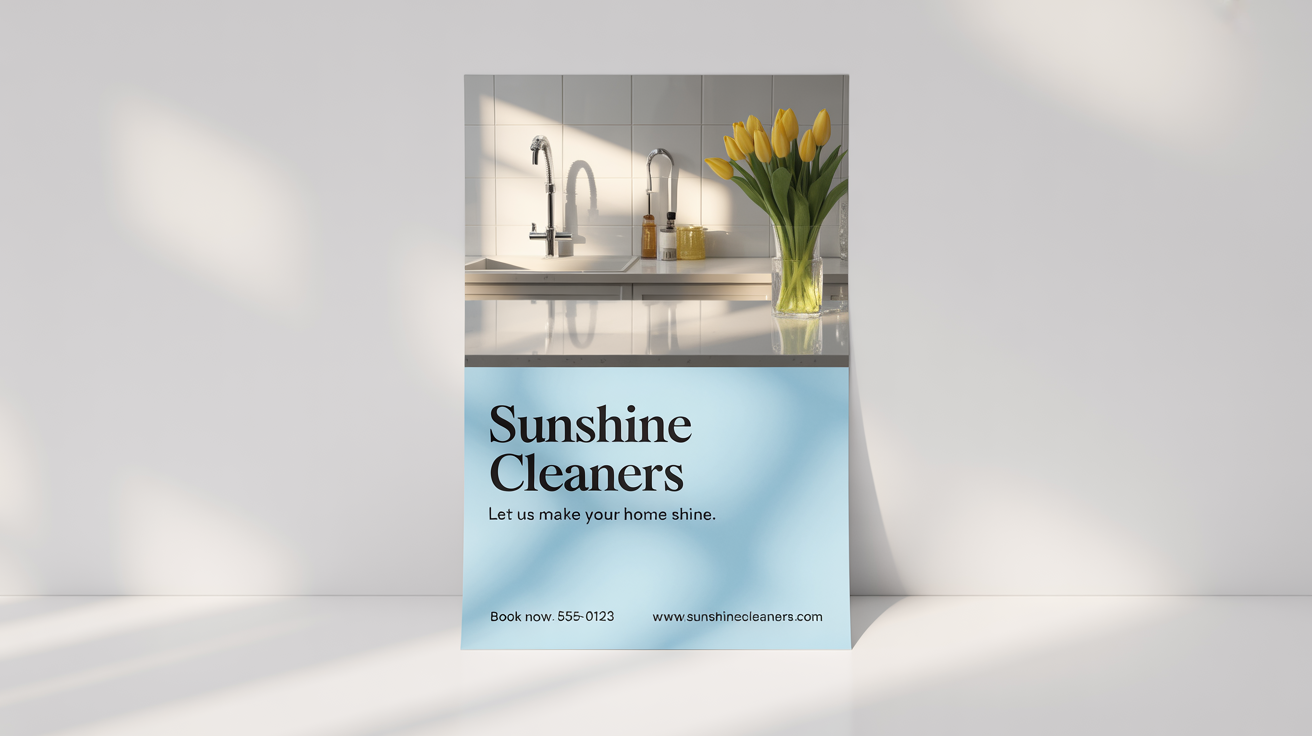 A mockup of an advertisement flyer for a cleaning service called 'Sunshine Cleaners' on a white background. The flyer shows a picture of a sparkling clean kitchen and has text that reads 'Let Us Make Your Home Shine'.