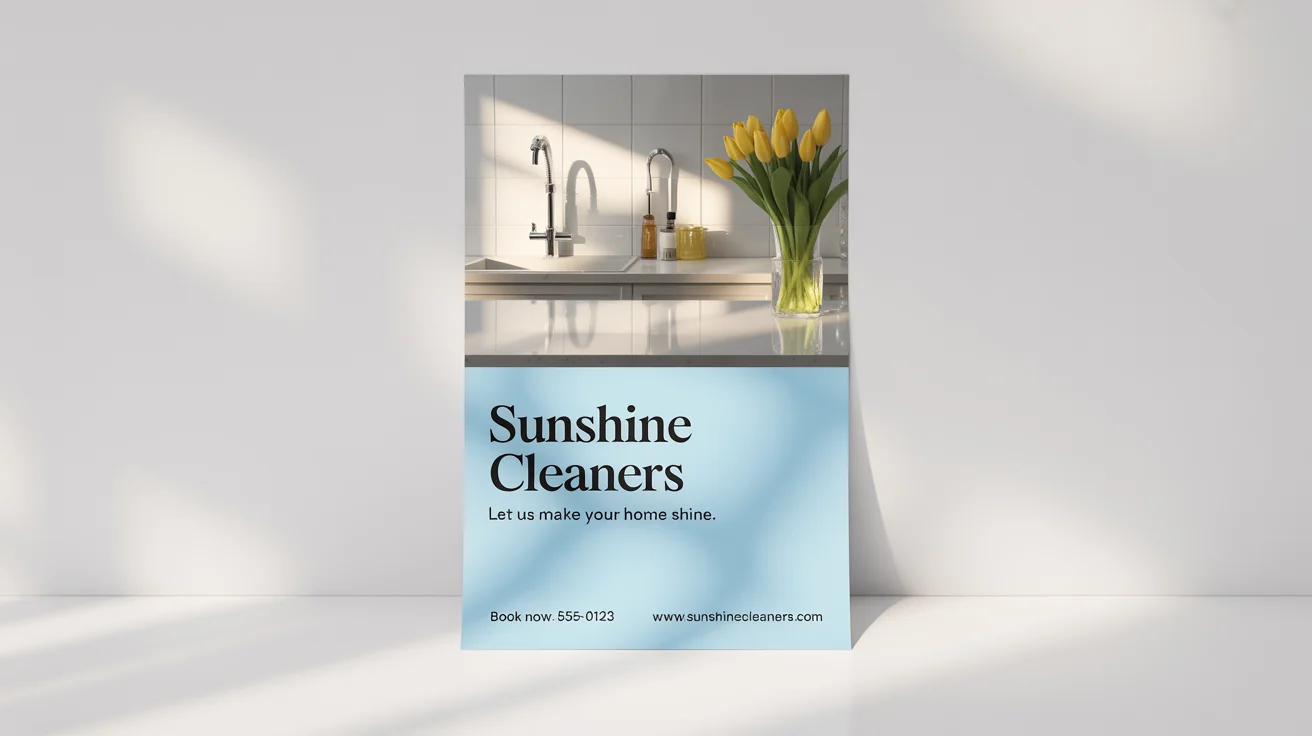 A mockup of an advertisement flyer for a cleaning service called 'Sunshine Cleaners' on a white background. The flyer shows a picture of a sparkling clean kitchen and has text that reads 'Let Us Make Your Home Shine'.