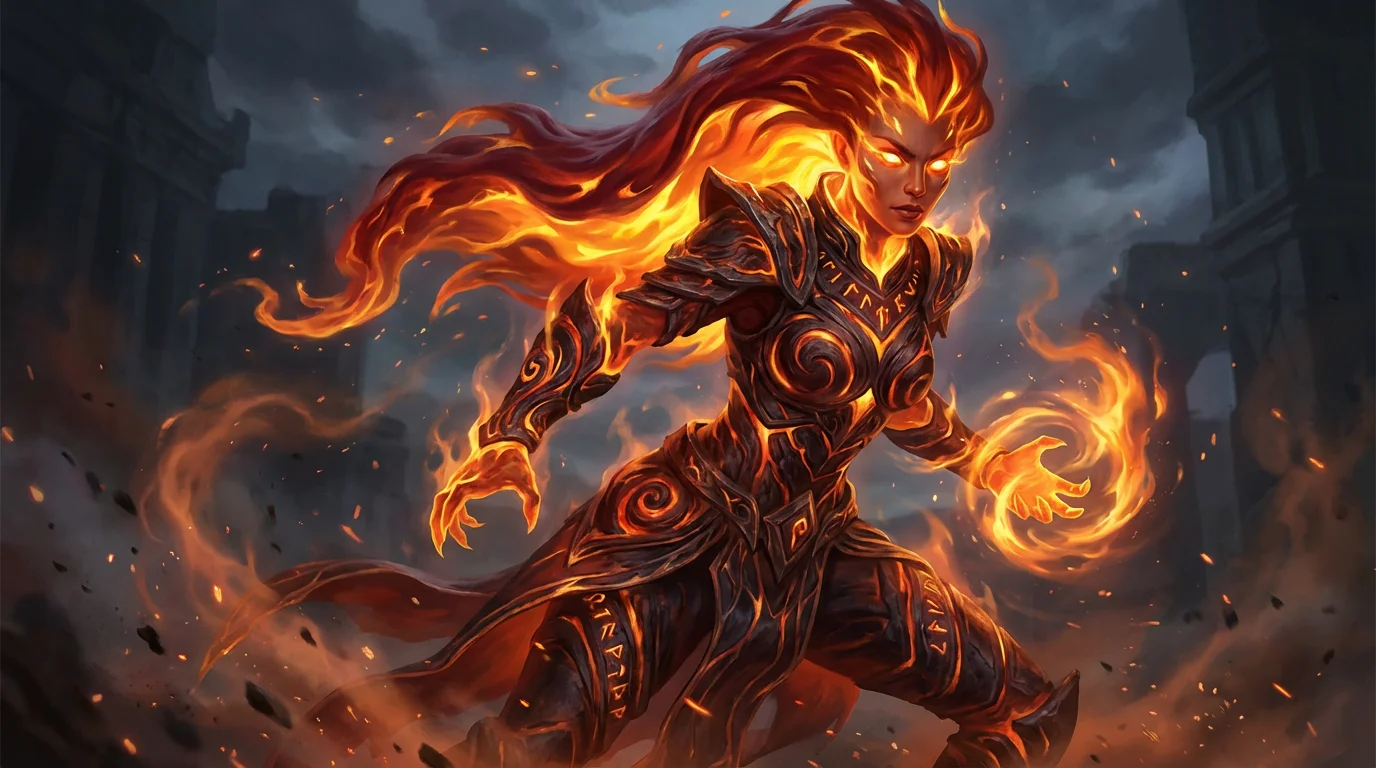 A cinematic, ultra-realistic digital painting of a fire character in a dynamic pose. Their hair is made of red and yellow flames, and their outfit has fiery patterns. They glow with intense heat, surrounded by smoke and embers against a dark background.