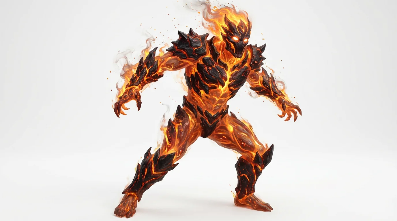 A powerful character made entirely of swirling fire and glowing embers, posed dynamically against a clean white background, showcasing its fiery form and intense energy.