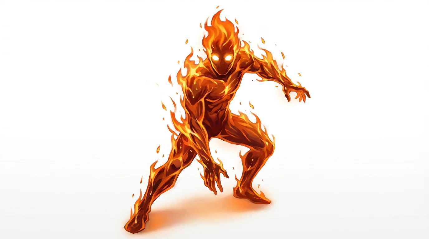 A digital illustration of a humanoid character made entirely of fire, with glowing eyes and a powerful stance, set against a plain white background.