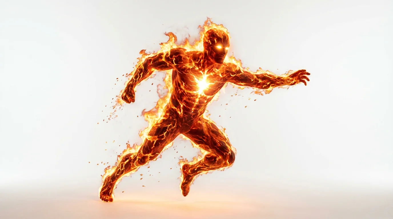 A dynamic, humanoid character made of swirling red and orange flames, lunging forward against a plain white background.