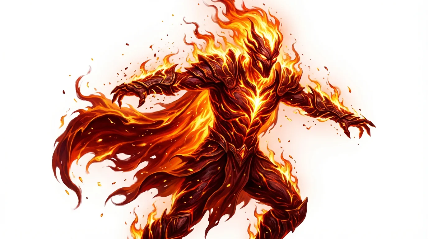 A concept art illustration of a powerful character made entirely of swirling red, orange, and yellow flames, standing against a stark white background.