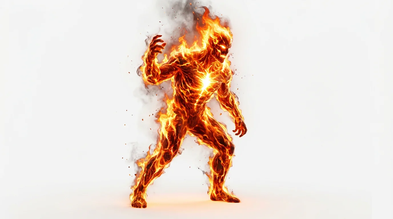 A digital art depiction of a powerful humanoid character made entirely of swirling orange and red flames, standing in a dynamic pose against a solid white background.