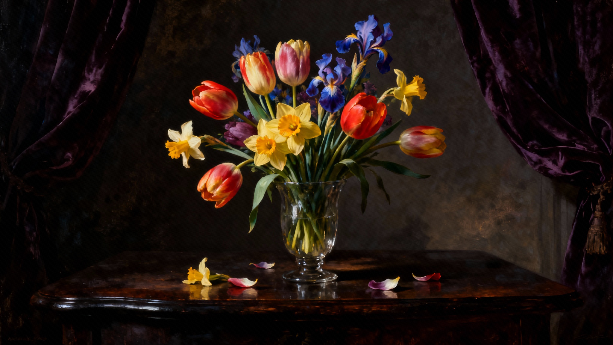 A digital painting in the style of a Dutch Master still life, featuring a vase of vibrant flowers like tulips and irises on a wooden table, with dramatic lighting and a dark background.