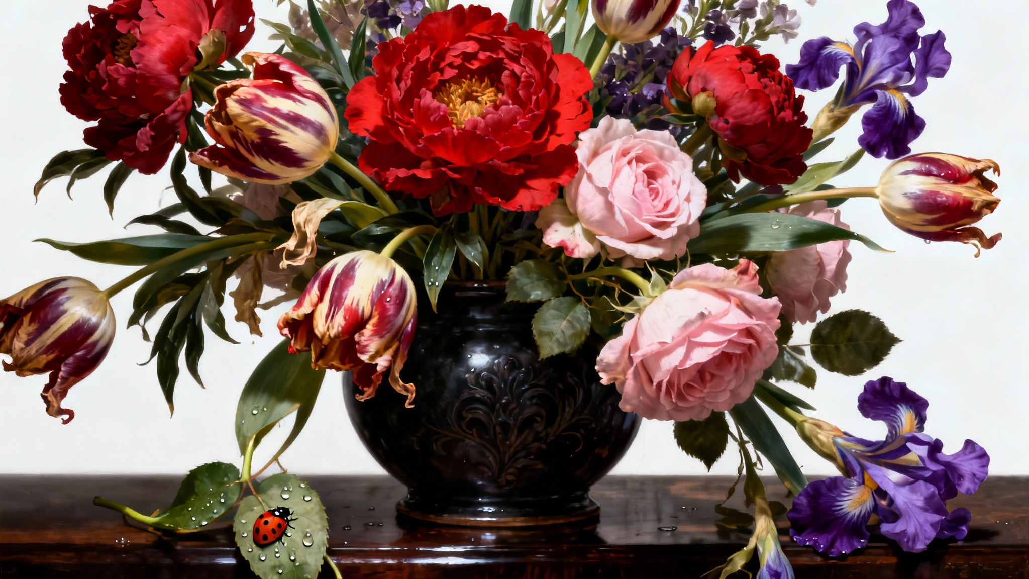 A Dutch master-style still life painting of a lush bouquet of tulips, roses, and peonies in an ornate vase, set against a plain background.