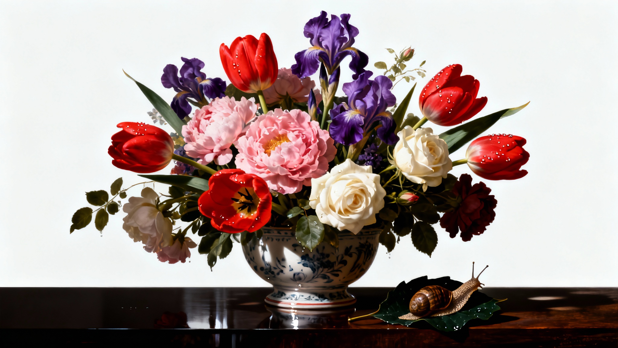 A digital painting in the style of a Dutch master's still life, featuring a lush bouquet of colorful flowers in an ornate vase against a dark background. The entire artwork is presented as a mockup on a clean white background.