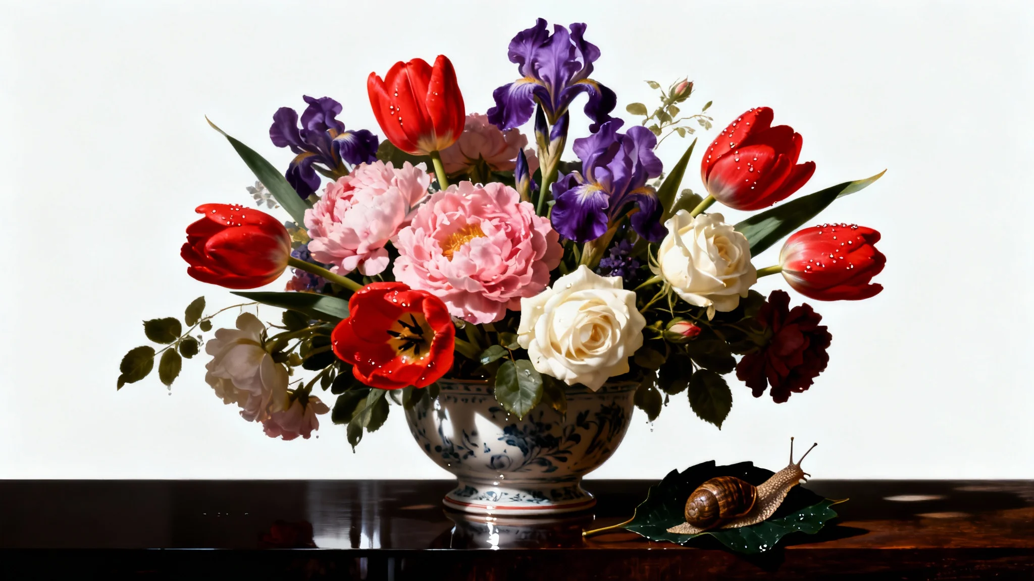 A digital painting in the style of a Dutch master's still life, featuring a lush bouquet of colorful flowers in an ornate vase against a dark background. The entire artwork is presented as a mockup on a clean white background.