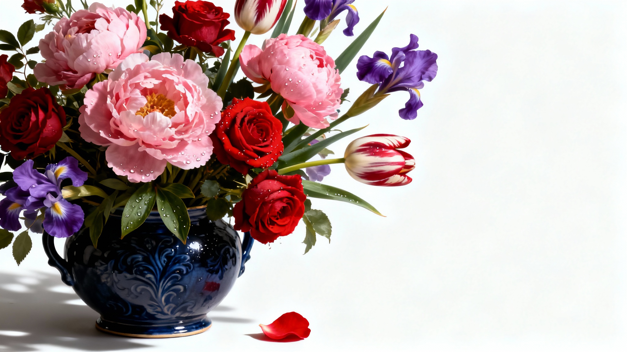 An opulent Dutch Golden Age style bouquet of flowers in an ornate vase, presented as a professional studio photograph isolated against a clean white background.