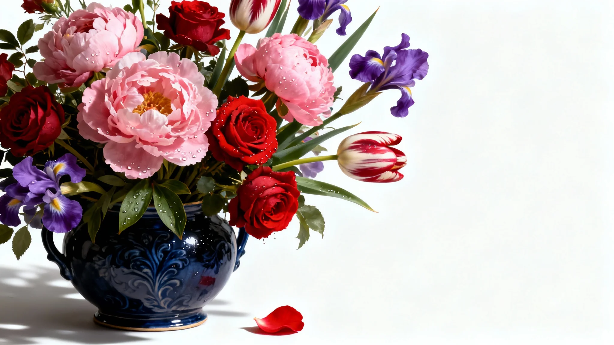 An opulent Dutch Golden Age style bouquet of flowers in an ornate vase, presented as a professional studio photograph isolated against a clean white background.