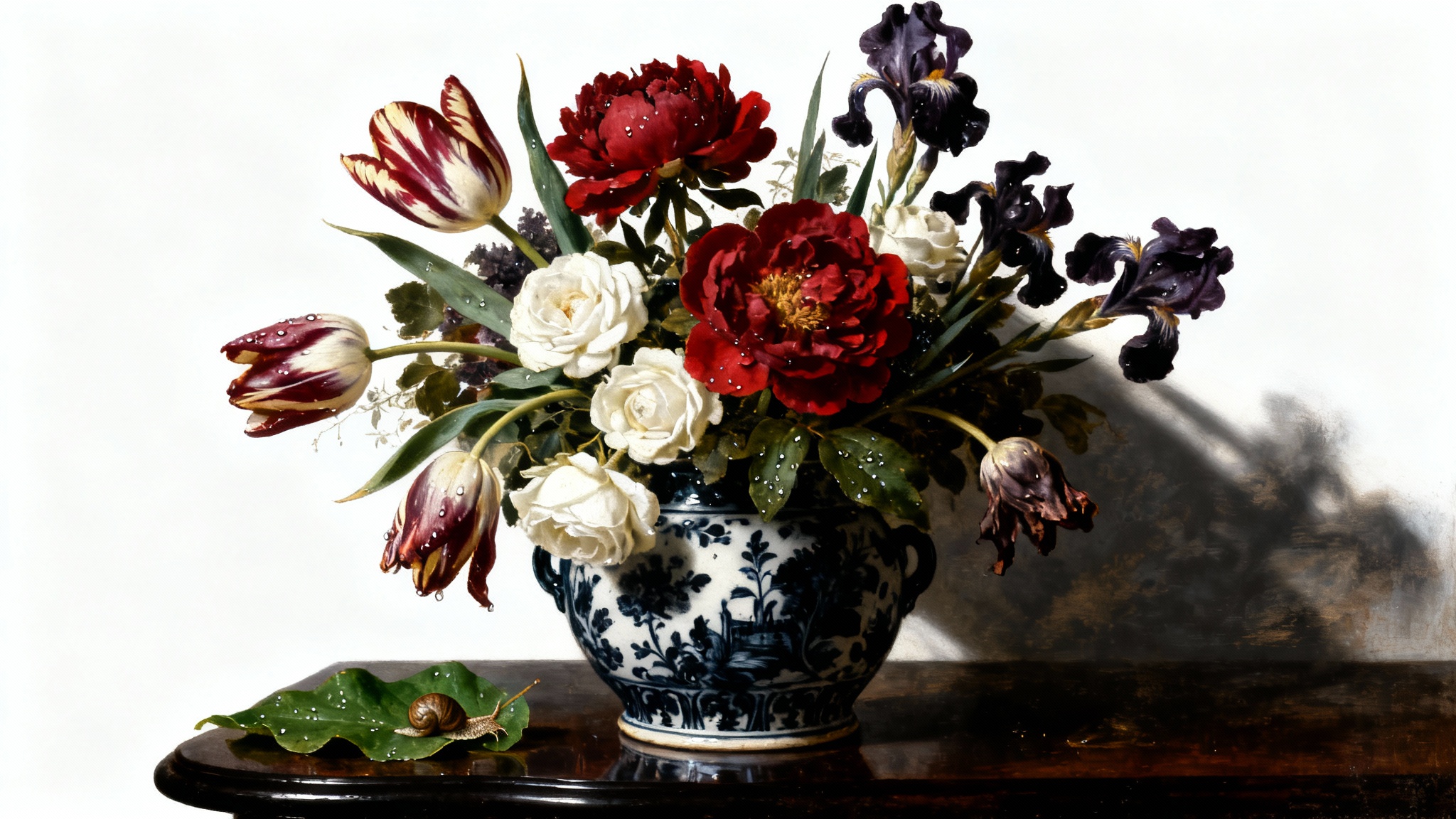 A Dutch floral still life painting mockup, featuring a lush bouquet of tulips and peonies in an ornate vase, set against a dark background in the chiaroscuro style.