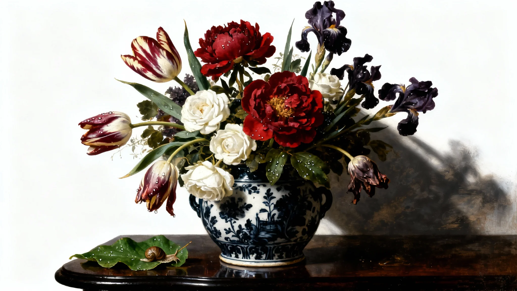 A Dutch floral still life painting mockup, featuring a lush bouquet of tulips and peonies in an ornate vase, set against a dark background in the chiaroscuro style.